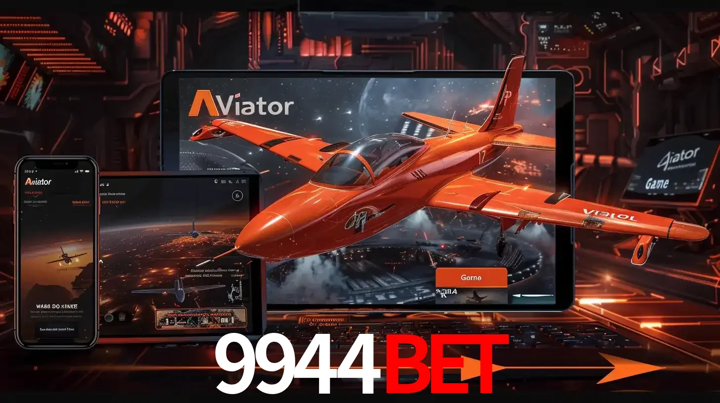 Apresentação tecnológica do jogo Aviator com um avião saindo da tela de um tablet, demonstrando a experiência imersiva em múltiplos dispositivos no 9944bet.
