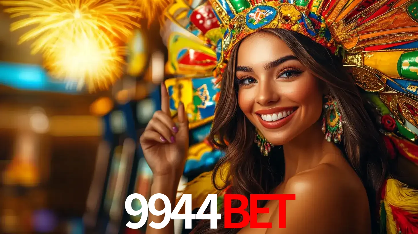 Mulher sorridente com um cocar de carnaval vibrante e colorido, celebrando uma grande vitória nos jogos do cassino 9944bet com fogos de artifício ao fundo.