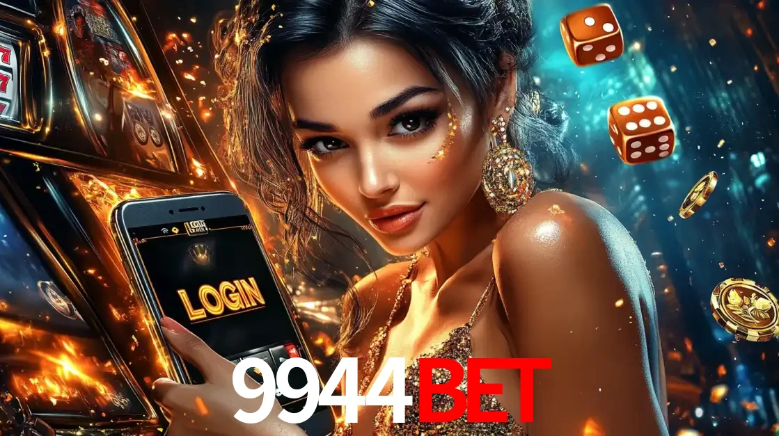 Mulher glamourosa segurando um celular com a tela de login do cassino 9944bet, rodeada por dados e moedas douradas, pronta para começar a diversão.