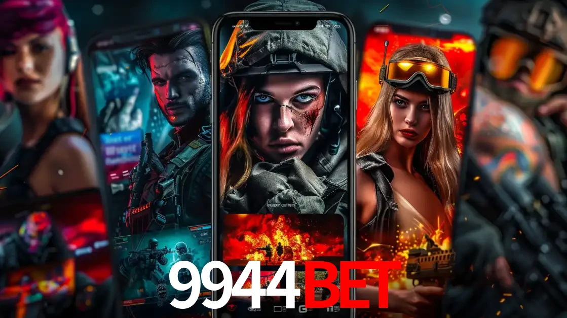 Montagem de telas de celular mostrando diversos personagens, masculinos e femininos, de um jogo de tiro, ilustrando a diversidade de equipes de e-sports para apostar no 9944bet.