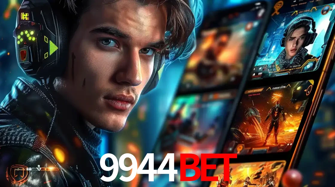 Jovem jogador com fones de ouvido olhando para a câmera, com um aplicativo de jogos e e-sports para celular ao fundo, pronto para a competição e apostas no 9944bet.