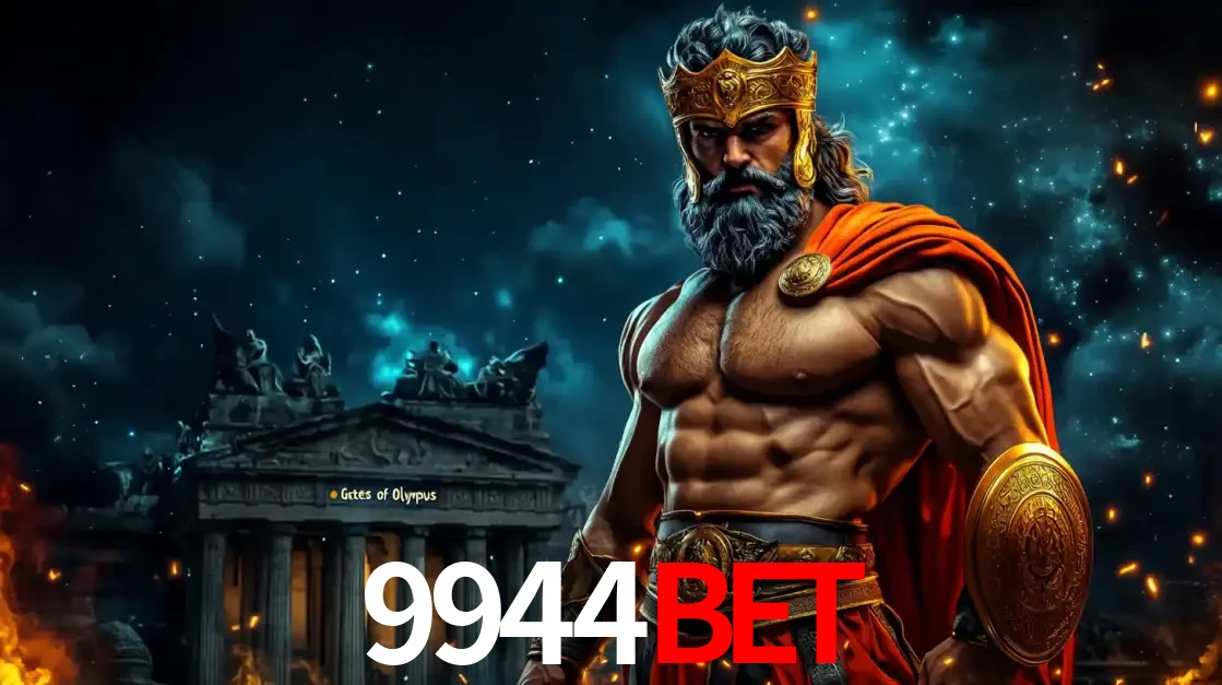 O poderoso Zeus do jogo de slot Gates of Olympus em frente ao seu templo, pronto para lançar multiplicadores divinos e prêmios épicos no cassino online 9944bet.