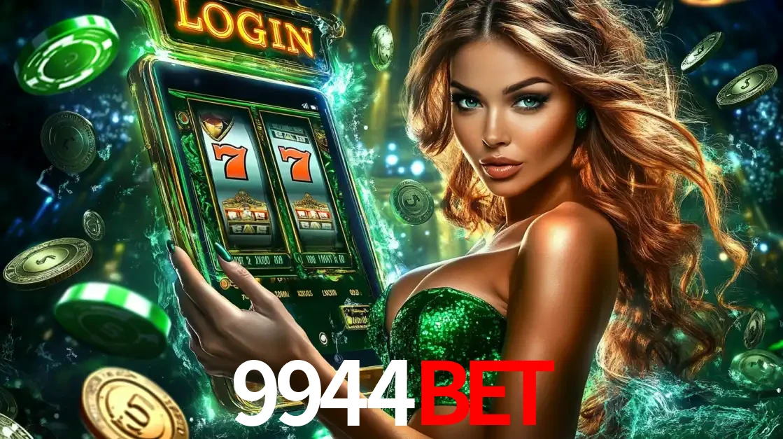 Mulher com tema verde apresentando o aplicativo do cassino 9944bet com um jogo de slot de 777, cercada por fichas de cassino e uma aura de sorte.