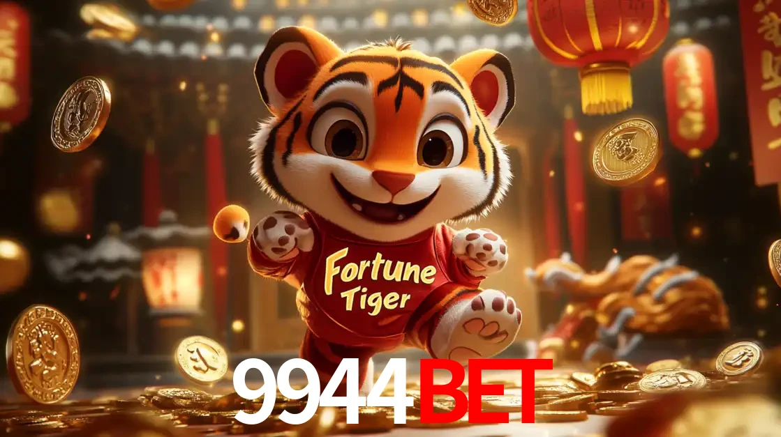 O alegre personagem do Fortune Tiger correndo sobre um caminho de moedas de ouro, simbolizando os grandes prêmios e a diversão do popular jogo de slot do 9944bet.