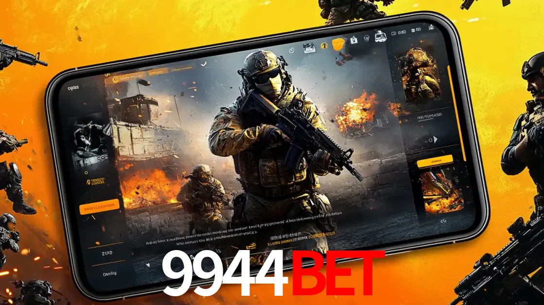 Um smartphone exibindo a interface de um jogo de tiro em primeira pessoa, com um soldado em um cenário de batalha, representando a ação dos e-sports para apostar no 9944bet.