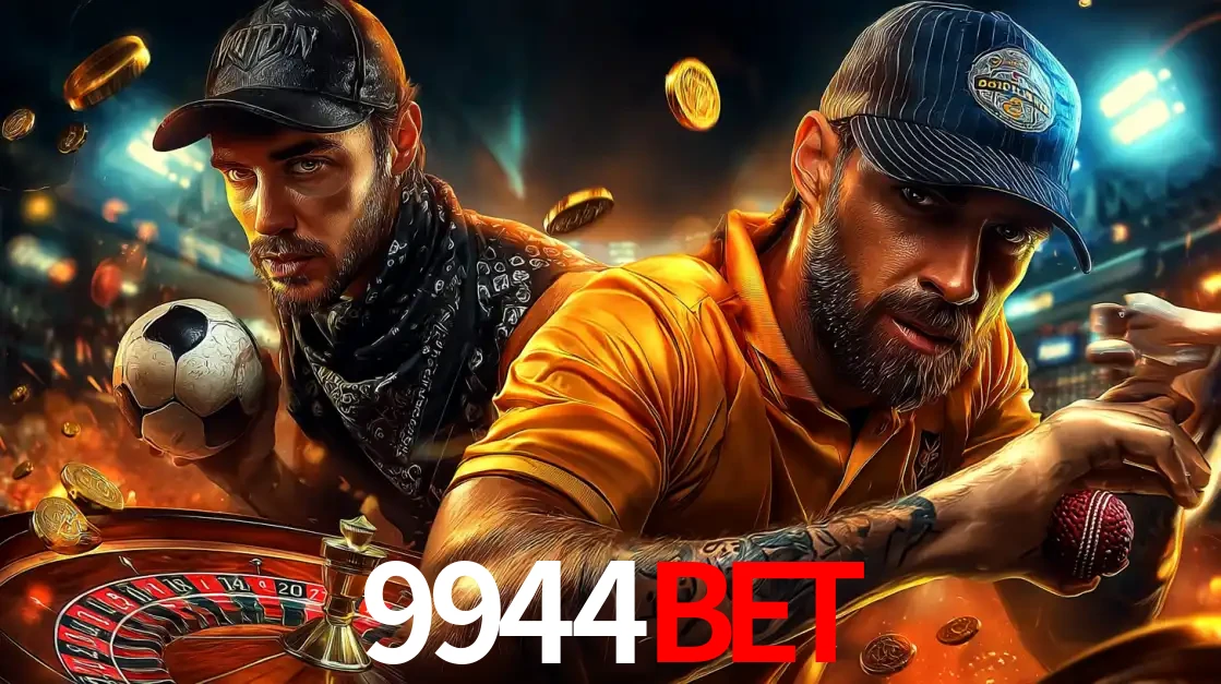 Montagem de apostas esportivas e cassino no 9944bet, com um homem segurando uma bola de futebol e outro uma de beisebol sobre uma roleta e moedas voadoras.