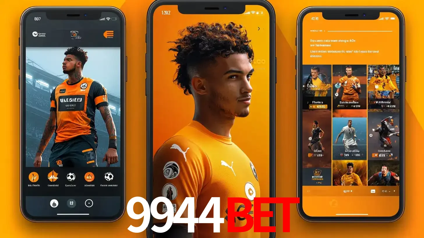 Interface do aplicativo de apostas esportivas 9944bet em três telas de celular, mostrando o perfil de um jogador de futebol e a lista de jogos disponíveis para apostar.