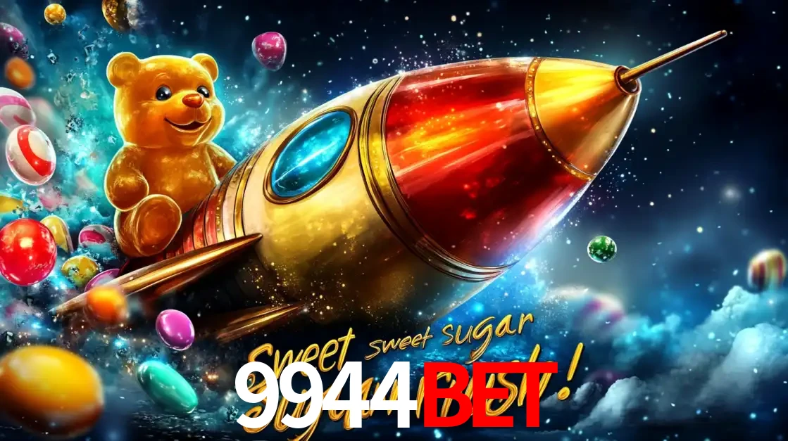 Arte promocional do jogo de slot Sugar Rush, com um urso de pelúcia em um foguete viajando pelo espaço de doces, um dos jogos divertidos disponíveis no cassino 9944bet.