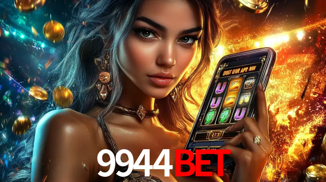 Mulher elegante mostrando um jogo de caça-níqueis em seu smartphone, destacando a experiência de cassino móvel oferecida pelo aplicativo 9944bet.