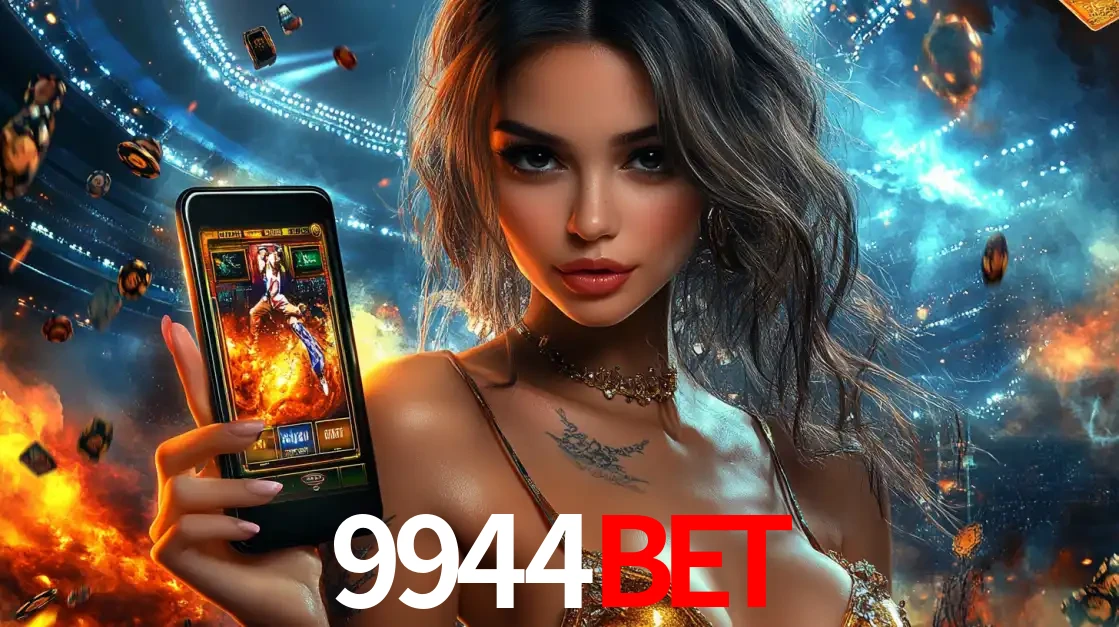 Mulher segurando um celular com um jogo de slot em destaque, tendo como fundo um estádio vibrante, simbolizando a emoção de jogar no cassino móvel 9944bet.