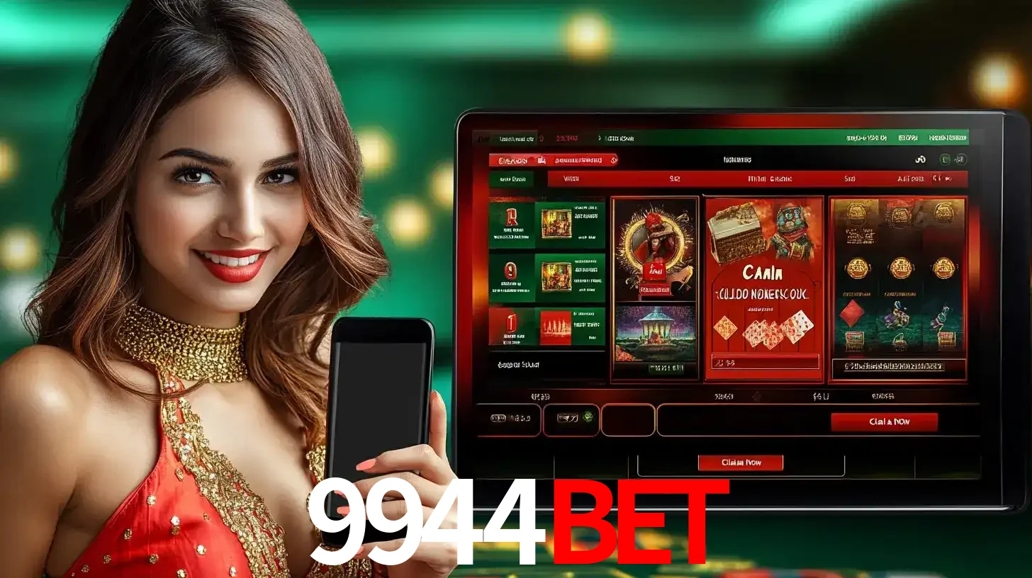 Mulher sorridente segurando um smartphone, ao lado de uma tela exibindo o lobby de jogos do cassino online 9944bet, com várias opções de jogos de cartas e slots.